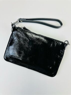 Black Patent Leather Wristlet Clutch Removable Strap Animal Print Lined New